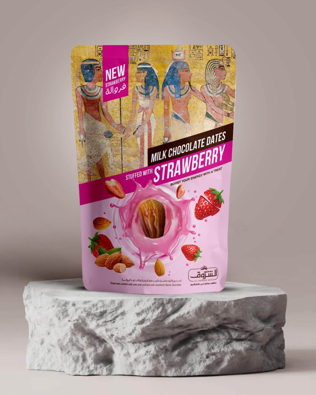 Pitted Dates Stuffed with Almonds Covered in Chocolate with Natural Strawberry Flavor 250g