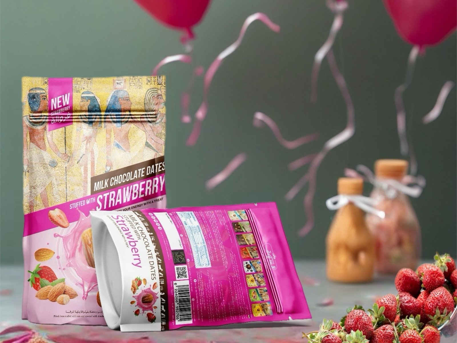 Pitted Dates Stuffed with Almonds Covered in Chocolate with Natural Strawberry Flavor 250g