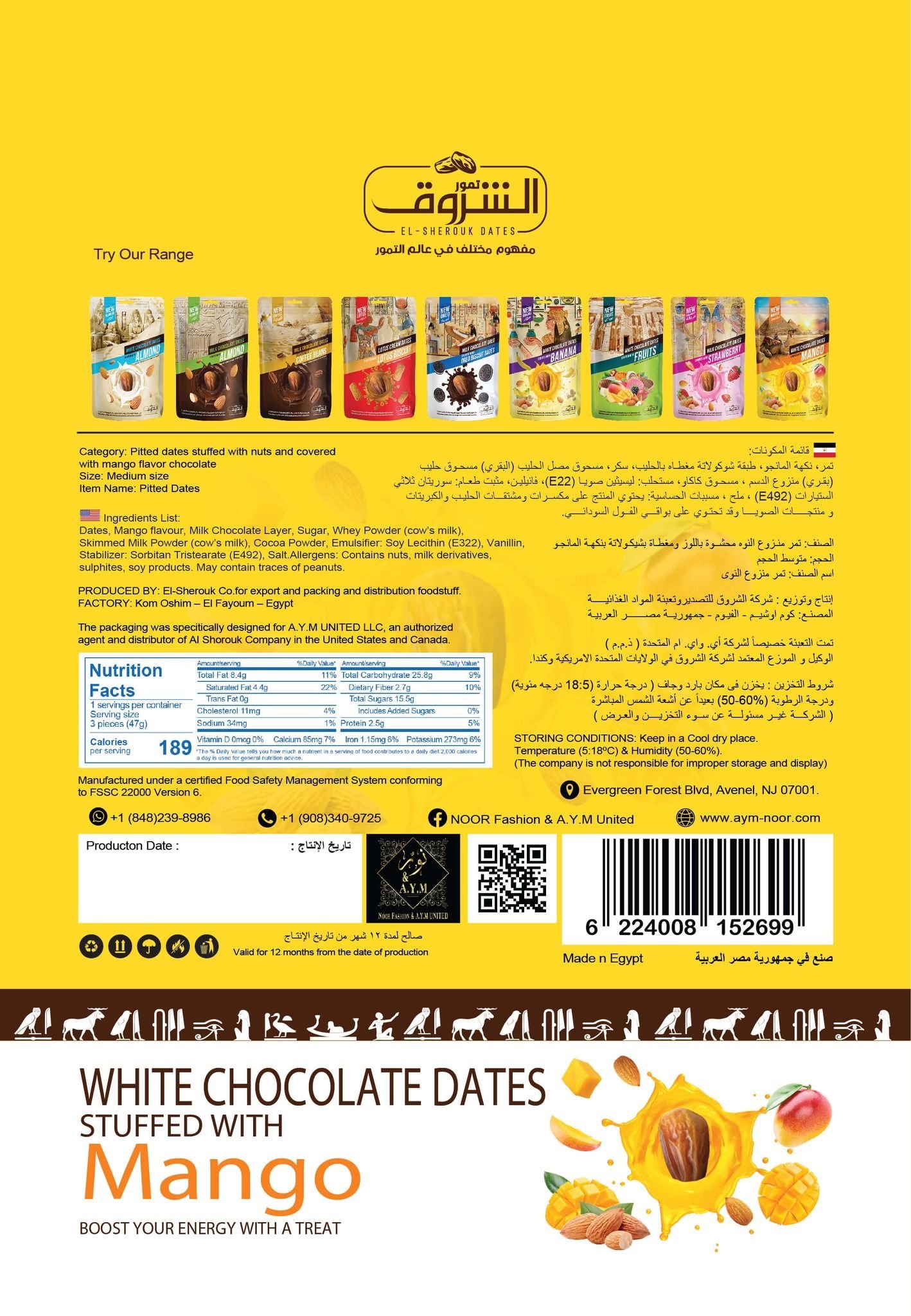 Pitted Dates Covered in Mango Chocolate and Stuffed with Almonds 250g