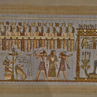Egyptian Papyrus Painting – Book of the Dead, Judgement Scene, Anubis and Osiris, Handmade