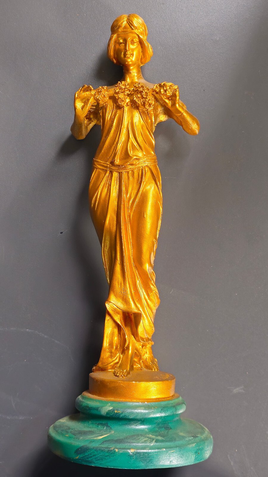 Female Statue in Gold and Green, Handcrafted (Pre-owned)