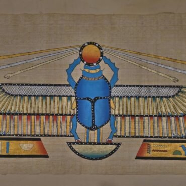 Winged Scarab Beetle and Solar Disk Papyrus – Khepri Protection Art